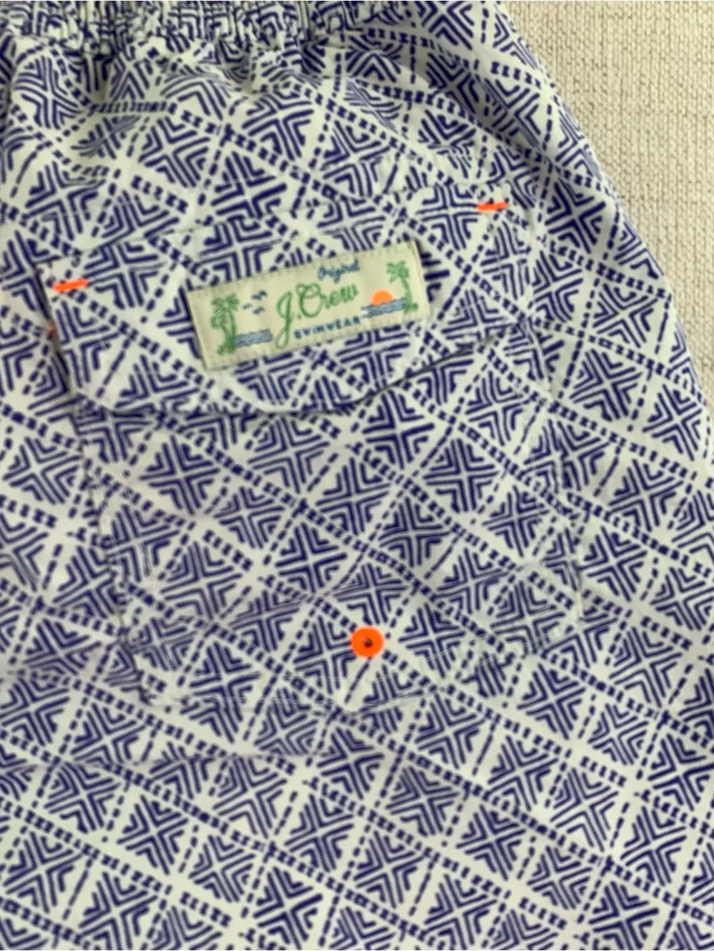 Crewcuts Blue Geometric Swim Trunks with Coral Drawstring